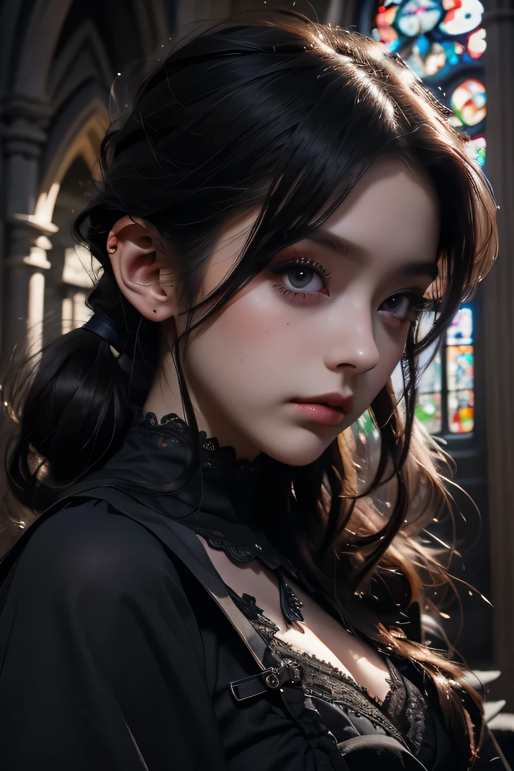 Beautiful 20 year old woman、 A peerless beauty, Extraordinary beauty, Enchanting, Dark Gothic Makeup, Bell Sleeves、Wizard Sleeve, Black maid outfit、Dark Gothic、Long dresses、Gothic Lolita, garter belt、Knee-high socks、pantyhose, Black ribbon on twin tails、Black dark eyeshadow、Visual Lock、Good skin radiance、Lace pink、Long Hair Straight Hair、Dark Gothic Makeup, Black hair color, Deep Night Sky, Inside the church, Stained Glass Background, masterpiece, 最high quality, high quality, High resolution, Gothic Lolita, (((Upper body portrait))), full body (NSFW breasts), hdri, extremely naked, nude, nua, pelada, nsfw, gigantic breast 1.9
