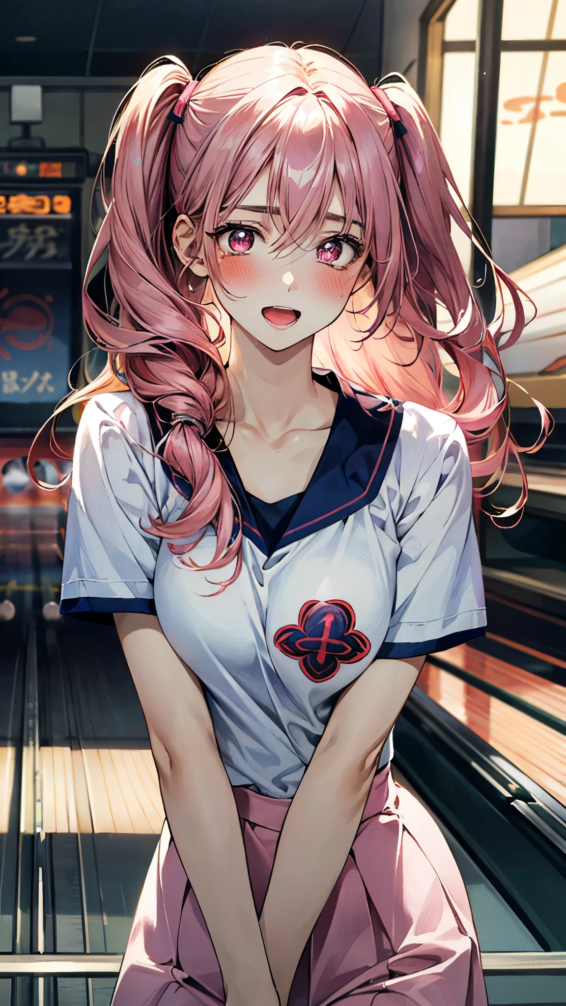 (masterpiece:1.2, top-quality), (realistic, photorealistic:1.4), beautiful illustration, natural lighting, perfect lighting, bright color, depth of fields, surrealism,
beautiful detailed hair, beautiful detailed face, beautiful detailed eyes, beautiful clavicle, beautiful body, beautiful chest, beautiful thigh, beautiful legs, beautiful fingers,
looking at viewer, (face focus, upper body), 1 girl, japanese, 18 years old, perfect face, cute and symmetrical face, white skin, shiny skin, shiny hair, cute face, delicate beautiful face,
(long hair, two side up, pink hair), hair between eyes, pink eyes, sparkling eyes, big eyes, long eye lasher, (large breast), medium hips, glamorous body,
(pink-bowling-uniform),
(beautiful scenery), (bowling-alley), standing, (blush, shy, (trembling:1.2), open mouth),