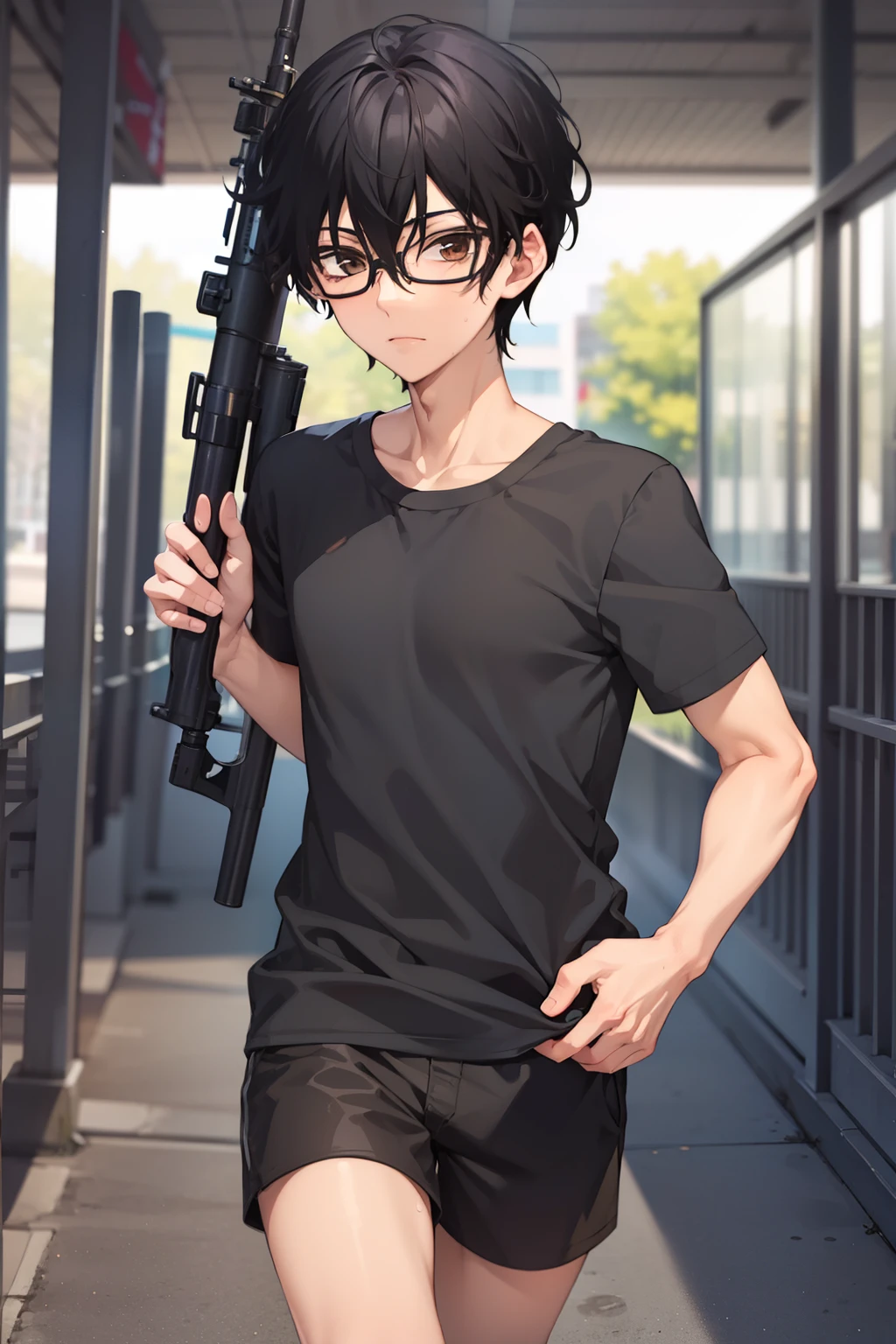 masterpiece, best quality, wallpaper, Holding the sniper, aim at the viewer,1boy, solo, male focus, looking at viewer,walking , depth of field, momo_sakaki, black hair, brown eyes, hair between eyes, black shirt, Short sleeves shirt,black shorts, glasses, 16k resolution