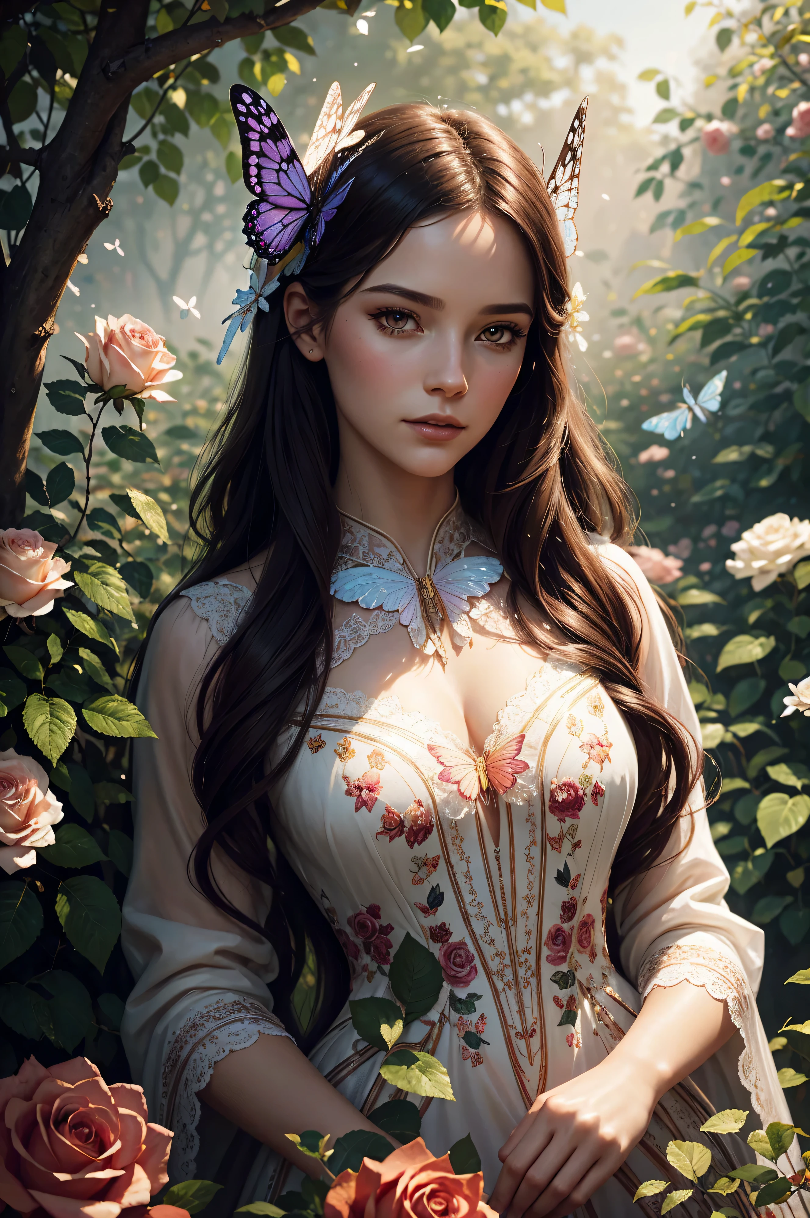portrait Rose Williams wearing butterfly costume, against the background of the garden, character portrait, 3 9 9 0 s, long hair, intricate, elegant, highly detailed, digital painting, artstation, concept art, smooth, sharp focus, illustration, art by wlop, charlie bowater and alexandra fomina