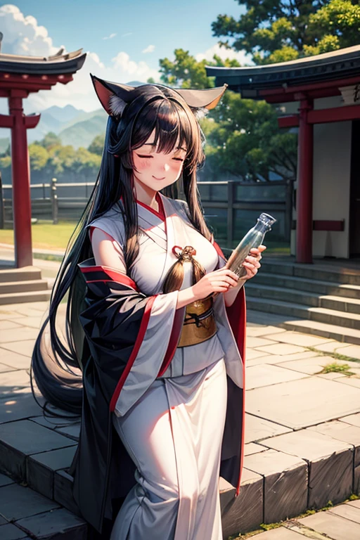 Long straight black hair　40s　Middle-aged women　Nasolabial folds　Fox ears　round face　Are fat　She wears a plain shrine maiden outfit.　Closed eyes　looks happy　Holding a one-sho sake bottle　Standing on the stone steps of the shrine　Smiling　From the bottom right front