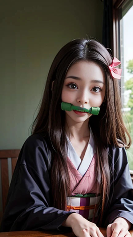 Kamado Nezuko, One Girl, bamboo, bit gag, Brown Hair, Checked sash, gag, Gagged, Gradient Hair, ヘアribbon, Haori, generally, kimono, Long Hair, View your viewers, Multicolored Hair, Orange Hair, Pink Eyes, ピンクのkimono, ピンクribbon, ribbon, alone, Upper Body, ((Tabletop))、cute