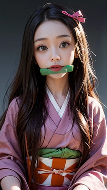 Kamado Nezuko, One Girl, bamboo, bit gag, Brown Hair, Checked sash, gag, Gagged, Gradient Hair, ヘアribbon, Haori, generally, kimono, Long Hair, View your viewers, Multicolored Hair, Orange Hair, Pink Eyes, ピンクのkimono, ピンクribbon, ribbon, alone, Upper Body, ((Tabletop))、cute