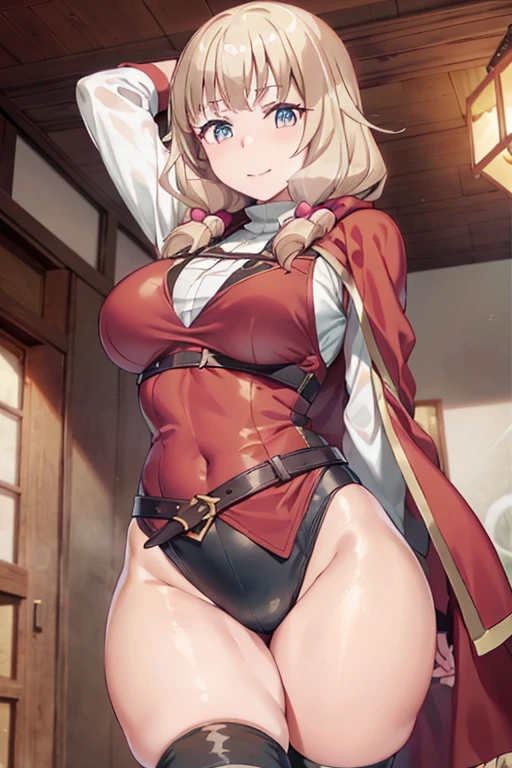 masterpiece, 1girl, sparrow, a blonde haired girl, wearing a brown viking clothes, curly medium hair, messy hair, slim body, wearing furry capelet with hoody, he close her left eye, shirt ornament, aqua eyes, sho show her back, ahoge, red vest, baby face, big breast, beautiful breasts, rounded breasts, braid hair, long sleeves, beautiful eyes, white stocking, droopy eyes, her age is 19 years old, smile, ancient viking