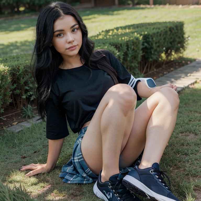 A Caucasian women from South Africa that is pretty and cute is around 1.6cm tall who has a face that is long oval with a round chin and a dot nose ring on her nose. Her lips are a little big and her eyes are blue. Her hair is black and long. She is wearing a blue skirt with a black shirt with black sneakers. She is sitting on the ground with hilly grass legs crossed,