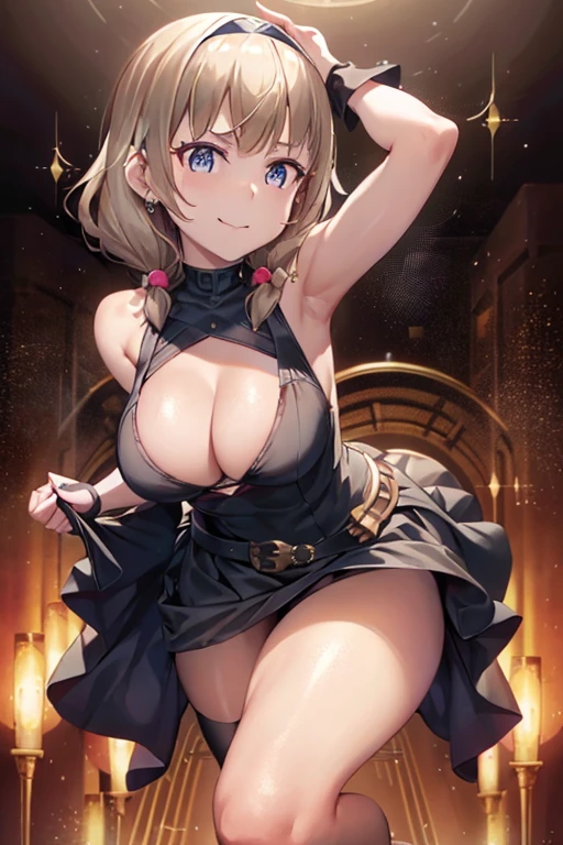 (dynamic angle:1.3, front view:1.1, breast focus:1.3, from below:1.2), (dynamic posing:1.5, sexy posing:1.2, leaning forward), (seductive smiling:1.3), beutiful woman, 1girl,fullbody, happy, (with sparkling eyes and a contagious smile:1.2), red face, closed mouth, beautiful detailed eyes, super detailed skin, backlighting, bare shoulders, black background, black dress, black gloves, black hair, breasts, dress, earrings, fingerless gloves, floating hair, floral print, flower, gloves, gold earrings, gold hairband, hair flower, hair ornament, hairband, holding, holding two-hands knife weapon, jewelry, large breasts, long hair, looking at viewer, off-shoulder dress, off shoulder,blue eyes, short hair with long locks, sidelocks, solo, spikes, thighs, two-sided dress, two-sided fabric, weapon, fighting stance , face, close up, from above, highest quality, high resolution,Real World, Natural light,perfect Natural light,looking at viewer,The bar is beautiful, with colorful bottles of alcohol in the background and a soft glow from neon lights.