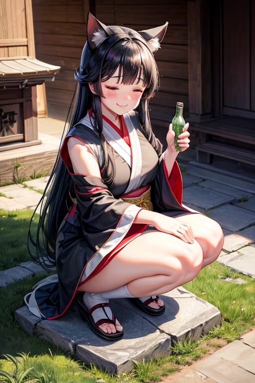 Long straight black hair　40s　Middle-aged women　Nasolabial folds　Fox ears　round face　Are fat　thick　She wears a plain shrine maiden outfit.　Closed eyes　looks happy　Holding a one-sho sake bottle　Standing on the stone steps of the shrine　Smiling　From the bottom right front