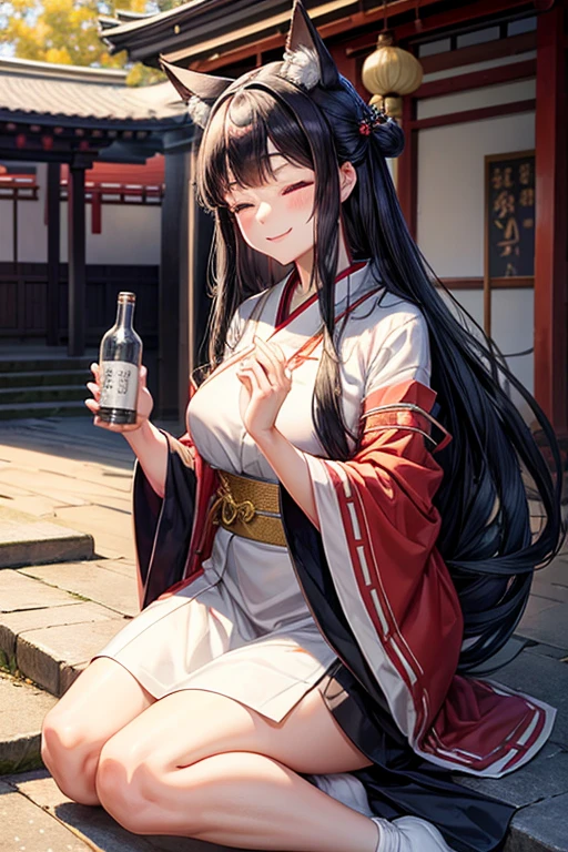 Long straight black hair　40s　Middle-aged women　Nasolabial folds　Fox ears　round face　Are fat　thick　She wears a plain shrine maiden outfit.　Closed eyes　looks happy　Holding a one-sho sake bottle　Standing on the stone steps of the shrine　Smiling　From the bottom right front