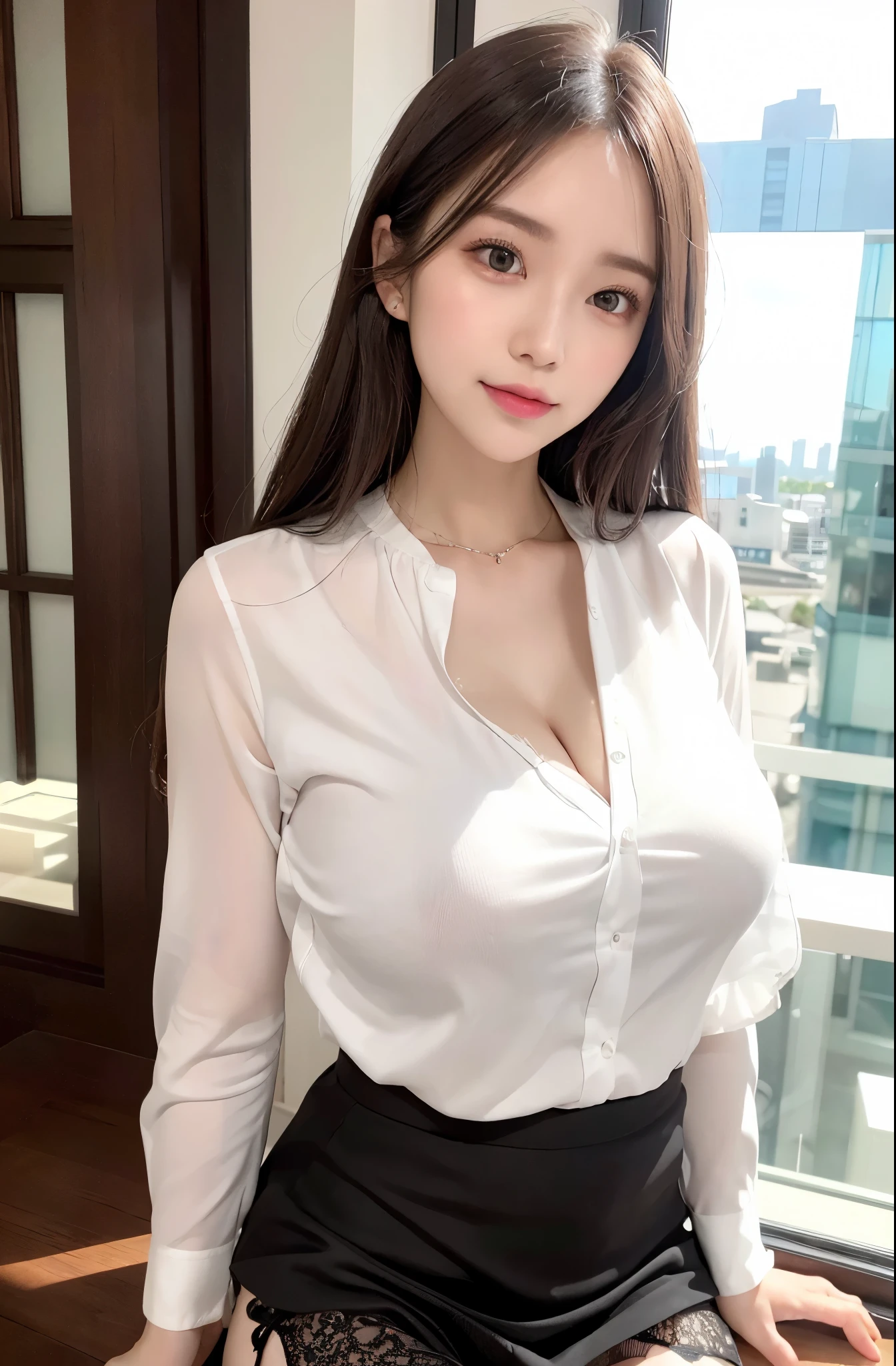 ((Best quality, 8k, Masterpiece :1.3)), Whole body, Sharp focus :1.2, A pretty woman with perfect figure :1.4, Slender abs :1.2, ((Dark brown hair, :1.2)), (Night city view, Modern balcony :1.1), Highly detailed face and skin texture, Detailed eyes, Double eyelid, Small Bust, ((detailed white Tight shirt)), exposed cleavage, (d mini short skirt)), ((detailed Black Pantyhose)), (No Pa), Interior Sceneight hair , super fine hand, fine finger ging, ((detailed pantyhose)), opened shirt show ed, ((naked)), detailed , , punk transparsmiling , Long legs, detailed legs, fine legs, fair white skin、shiny white skin、bright silver long hair、light white long hair、、Beautiful eyes with random colors、Very thin lipeautiful eyes finely detailed、elongated eyes、pale pink blush、long eyelash、Beautiful double eyelids、eyeshadows、neckless、耳Nipple Ring、Beautiful eyes with random colors、very thin lips, finely detail、elongated eyes、pale pink blush、long eyeslashes、Smilling, Beautiful double eyelid、Lighting that emphasizes beautiful skin、Lustrous skin 2, ((Layered long hair)) , (deta breasts ), Highly detailed face and skin texture, d eyes, Double eyelid,