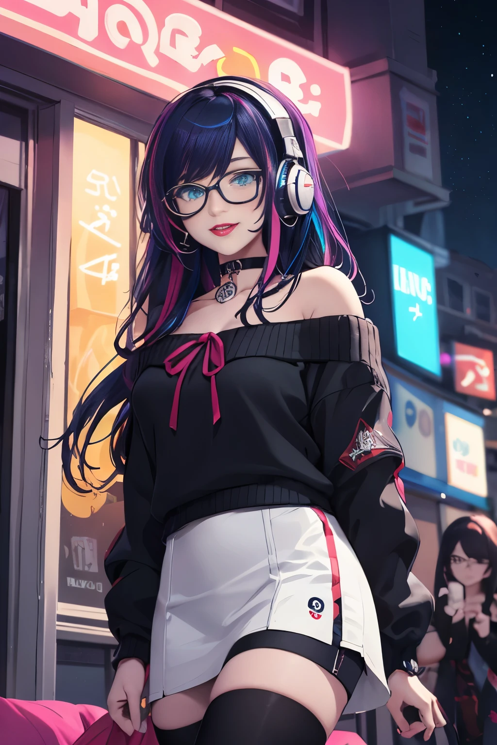 ((best quality)), ((masterpiece)), (detailed), perfect face, female, gamer girl, aqua eyes, cherry-red lips, light smile, long black hair, purple streaks, wearing headphones, bangs, ribbon, choker, bracelet, nerdy glasses, sleeves past fingers, black off-shoulder sweater, white skirt, thigh-highs, gamer girl's bedroom, nighttime, neon lights, colorful lights