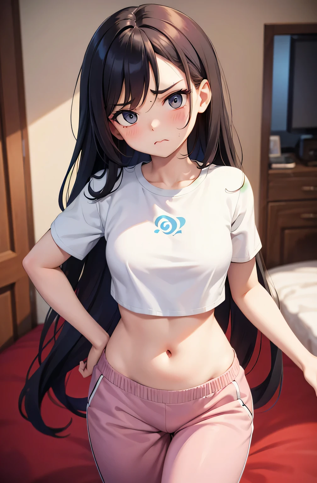 long hair,1 girl, solo, medium breasts, tummy, crop top, short sleeves, t shirt, indoors, skinny jeans, blush, annoyed, looking down, belly button, abs