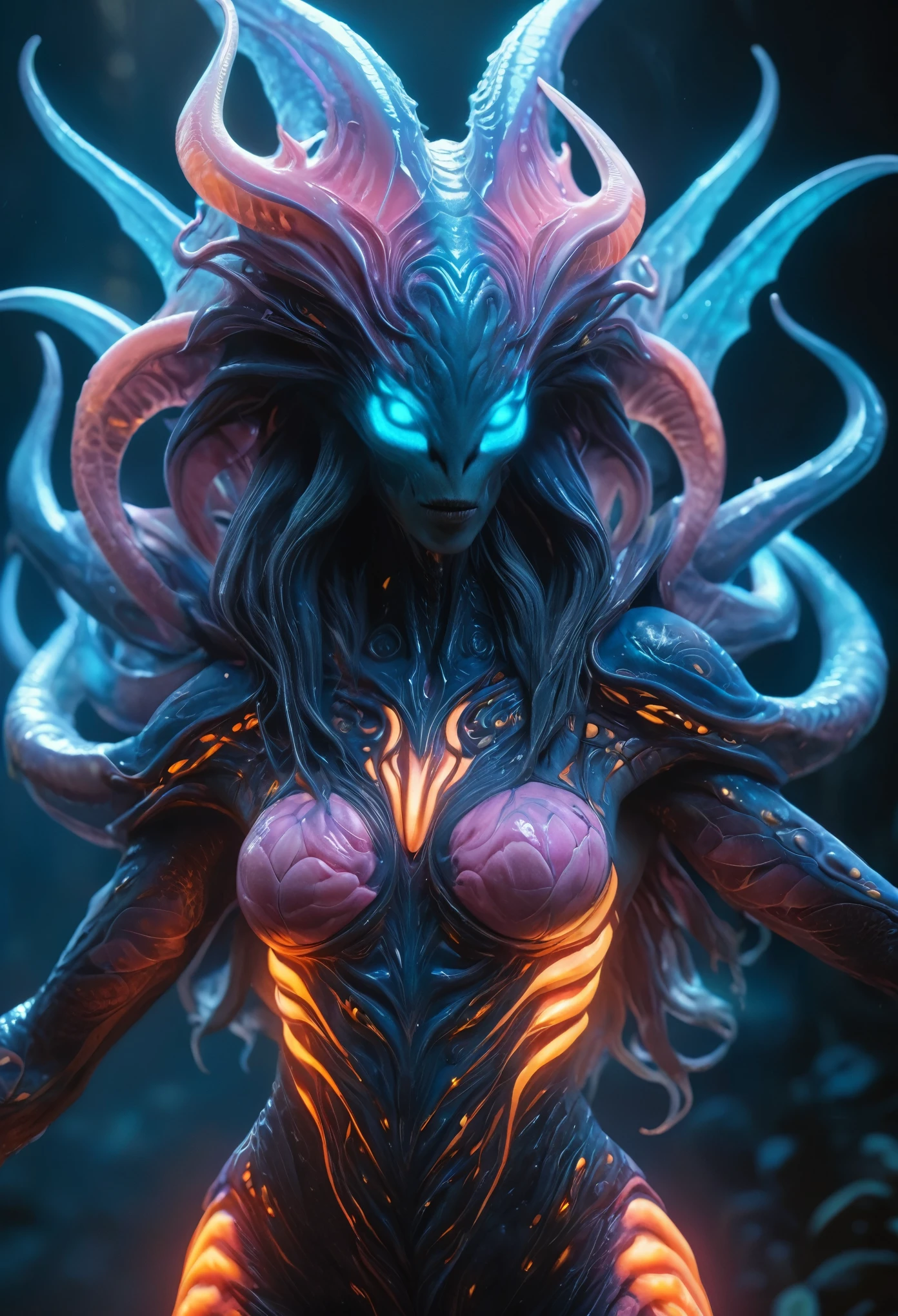 (best quality,4k,8k,highres,masterpiece:1.2), ultra-detailed, (realistic,photorealistic,photo-realistic:1.37), creature, otherworldly, Lovecraftian, chitinous skin, bioluminescent patterns, somber color palette, eerie lighting.(NSFW:1.4), white, pink, blue, orange, long long claws, She has bioluminescent all over her body.