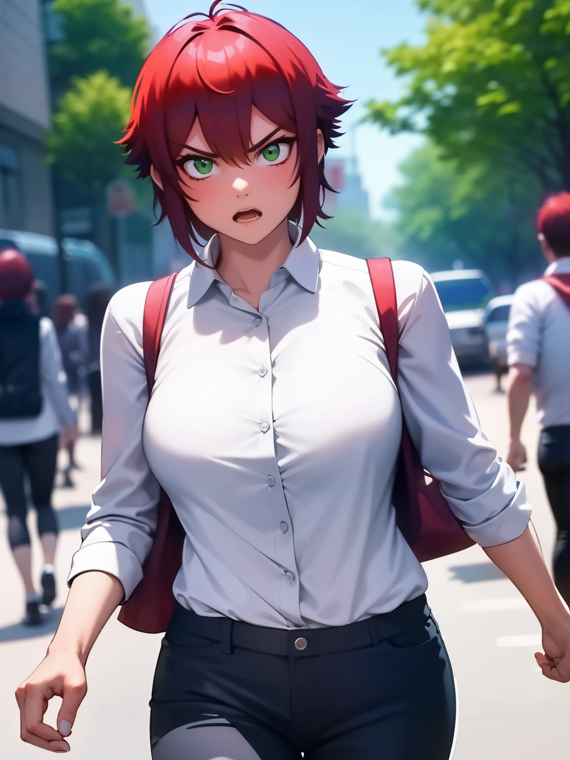 8k, best quality, masterpiece, ultra-detailed,1girl,solo, Run,Angry expression,green eyes, short hair, eyes,red hair,white shirt,white shirt,Long-sleeved shirt,black trousers,ultra detail, ultra HD