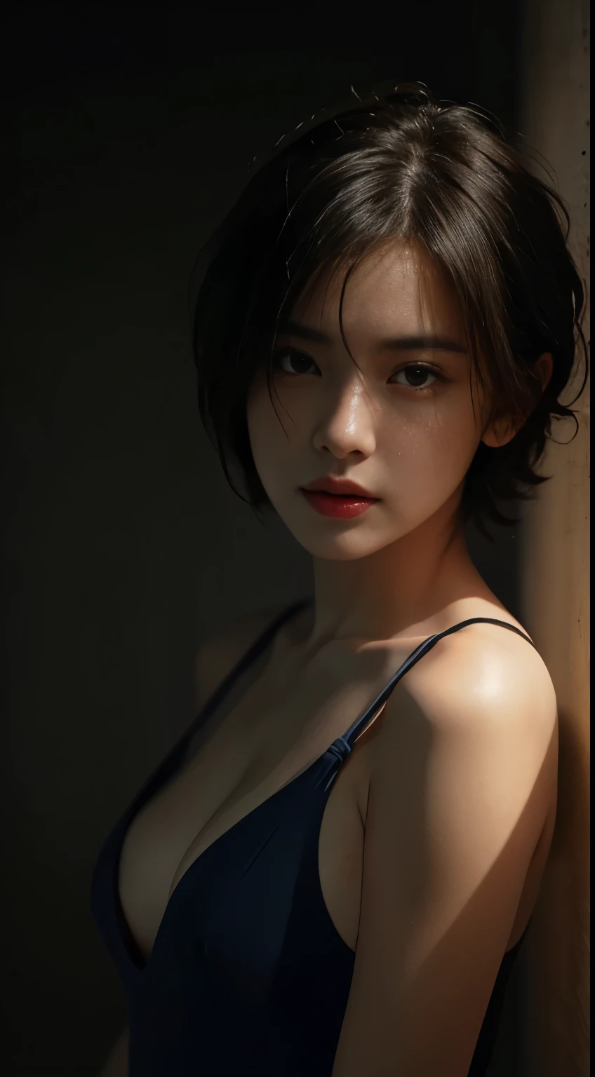 Best quality, masterpiece, ultra high res, (photorealistic:1.5), raw photo, 1girl, in the dark, deep shadow, low key, cold light, sexy look, short hair, swimsuit