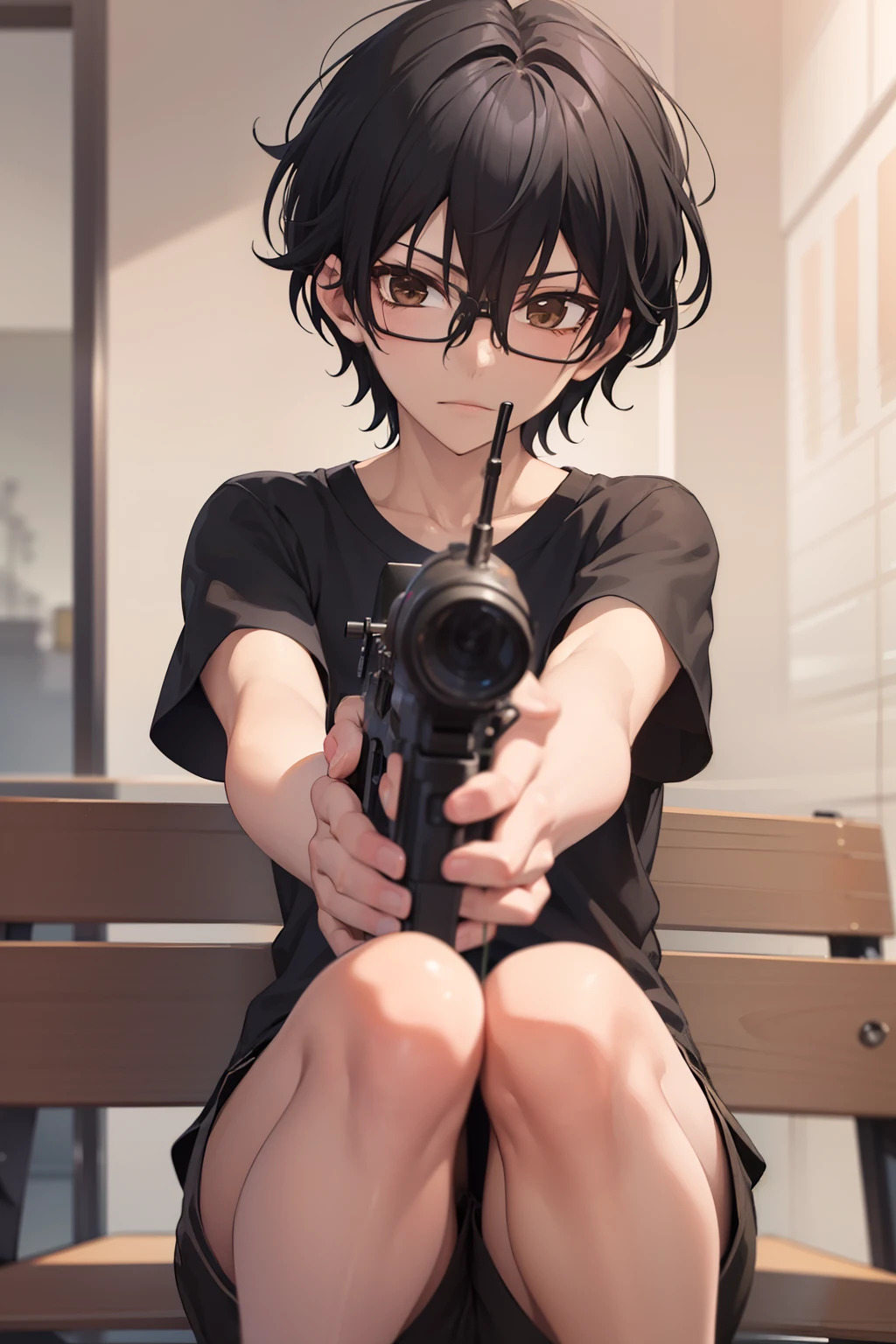 masterpiece, best quality, wallpaper, Holding the sniper, aim at the viewer,1boy, solo, depth of field, momo_sakaki, black hair, brown eyes, hair between eyes, black shirt, Short sleeves shirt,black shorts, glasses, 16k resolution