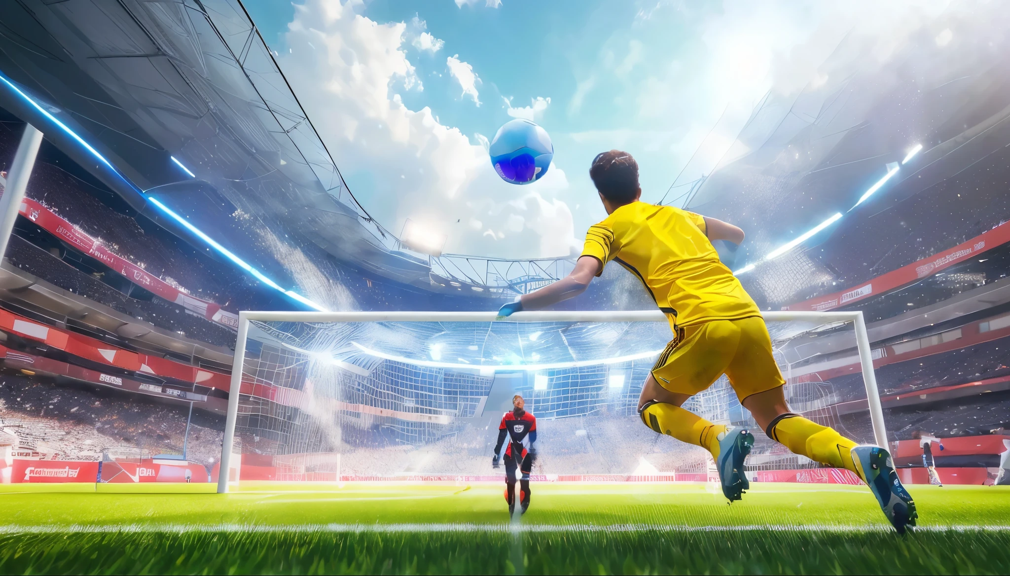 there is a Soccer player kicking a ball in a stadium, Soccer, deporte game, contraventana, mejor en adobe stock, tiro premiado, premio - disparo ganador, arte generado por computadora, flying Soccer balls, Soccer stadium, playing Soccer, ganar la competencia, juego cg, Soccer player, deporte, tiro perfecto, foto de portada, Soccer americano, tiro ganador del premio, futuristic deporte arena