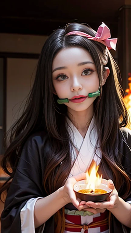 Kamado Nezuko, One Girl, bamboo, bit gag, Brown Hair, Checked sash, gag, Gagged, Gradient Hair, ヘアribbon, Haori, generally, kimono, Long Hair, View your viewers, Multicolored Hair, Orange Hair, Pink Eyes, ピンクのkimono, ピンクribbon, ribbon, alone, Upper Body, ((Tabletop))、cute,The background is a flowing flame,Pillar of Fire