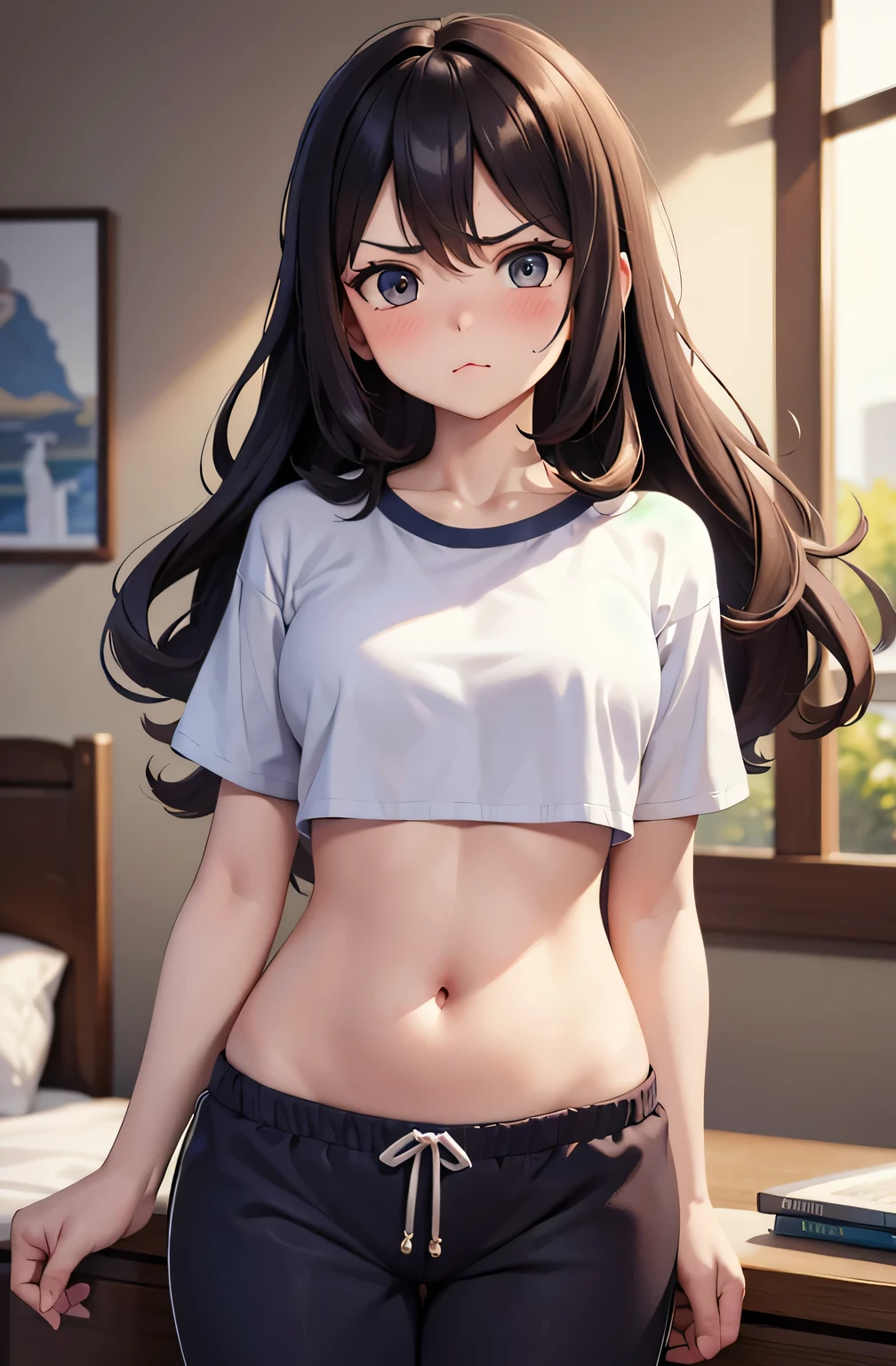 super fine illustration, vibrant colors, masterpiece, sharp focus, best quality, depth of field, cinematic lighting, ultra detailed, short sleeves, crop top, t shirt, sweatpants, belly button, midriff, wide hips, 1 woman, home, solo, milf, very messy hair, long curly hair, slender, blush, angry, room, indoors, mature female, tall woman, puff cheek, pout, small breasts, hip rest