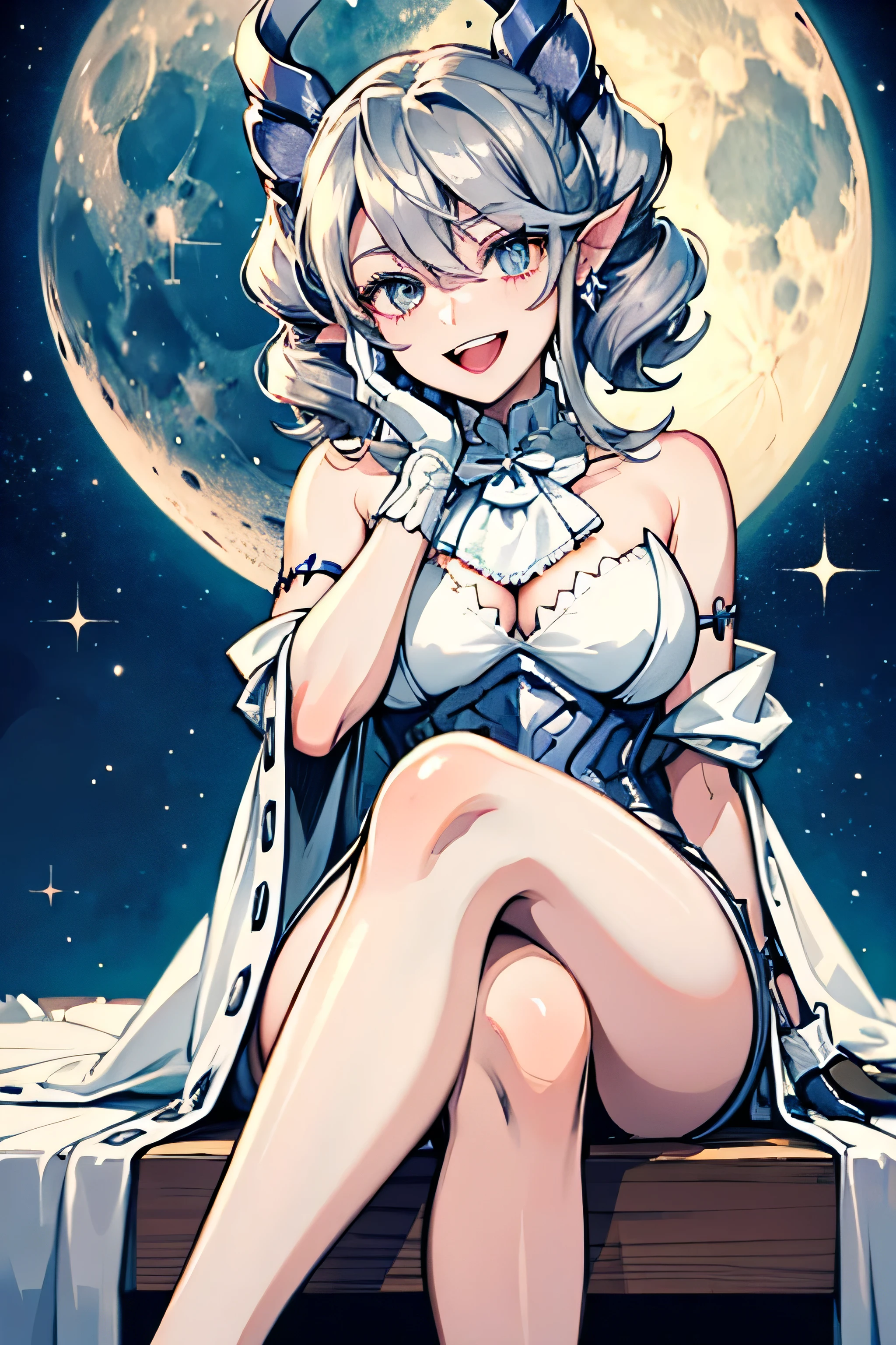 table top　High level image quality　best image quality　8K　 adult woman　whole body　portrait　pure white long gloves（elbow gloves）　　white long dress（slit）　white wolf ears　short hair（（shortcut）（gray hair）（perm）（fluffy））　eye color is red　attractive evil face（（smile）（open your mouth））nightfall moon　sexy pose , crossed legs style in detailed , sitting,  labrynth , beautiful and delicate high heels ,   view from below , very close up foot pov    