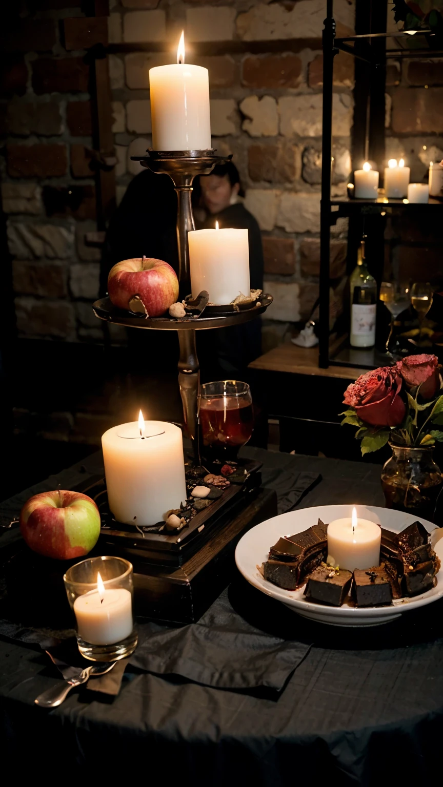 An amateur cell phone photo of a Goetia Luciferiana altar, on a table with a black tablecloth. There are several candles lit in candlesticks, there are skulls, many candles forming a circle around them. There is a black mirror in the shape of a pyramid/triangle and some wine glasses, bottles of drinks, and also plates with fruit. An altar with various offerings. There are some dishes with raw meat. There are several red roses, red ribbons, hearts, red liquid and honey on top. Apples.
