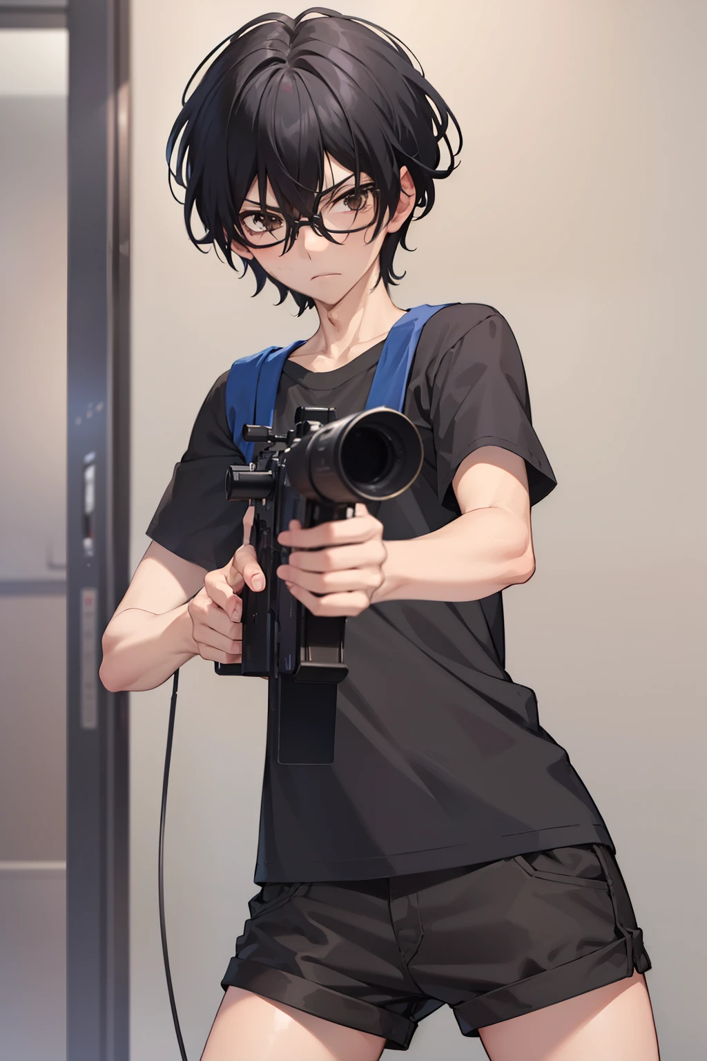 masterpiece, best quality, wallpaper, Holding the sniper,angry expression, aim at the viewer,1boy, solo, depth of field, momo_sakaki, black hair, brown eyes, hair between eyes, black shirt, Short sleeves shirt,black shorts, glasses, 16k resolution