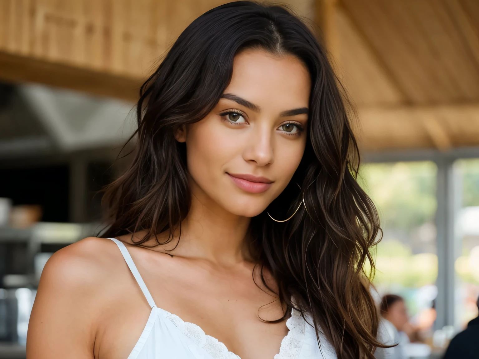 belle métisse noire, Islands; Very detailed, 21 ans, visage innocent, long curly hair, teint noir mixte,emerald eyes, High resolution, chef d'oeuvre, best quality, intricate details, Very detailed, acuity, detailed skin, Realistic skin texture, texture, Detailed eyes, professionnel, 4k, sourire charmant, shot with Canon, 85mm, faible profondeur de champ, couleur de vision kodak, corps parfaitement ajusté, extremely detailed, Photo_\(ultra\), photoRealistic, Realistic, Post-traitement, Maximum details, roughness, vrai vie, ultra Realistic, photorealism, in a coffee shop