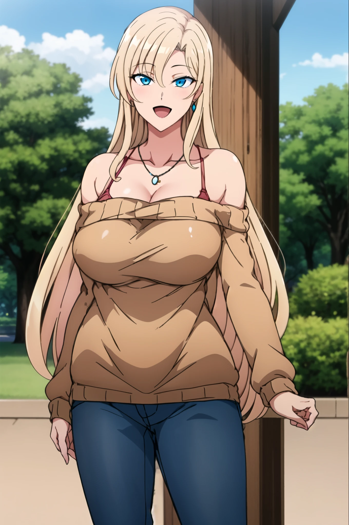 1girl, breasts, solo, blonde hair, jewelry, blue eyes, long hair, sweater, necklace, smile, large breasts, topless, nude nipples, , looking at viewer, pants, cleavage, bare shoulders, earrings, , outdoor, park, tree, bra, cowboy shot, jeans, bra strap, denim, :d, collarbone, long sleeves, hair between eyes, brown sweater, standing, closed mouth
