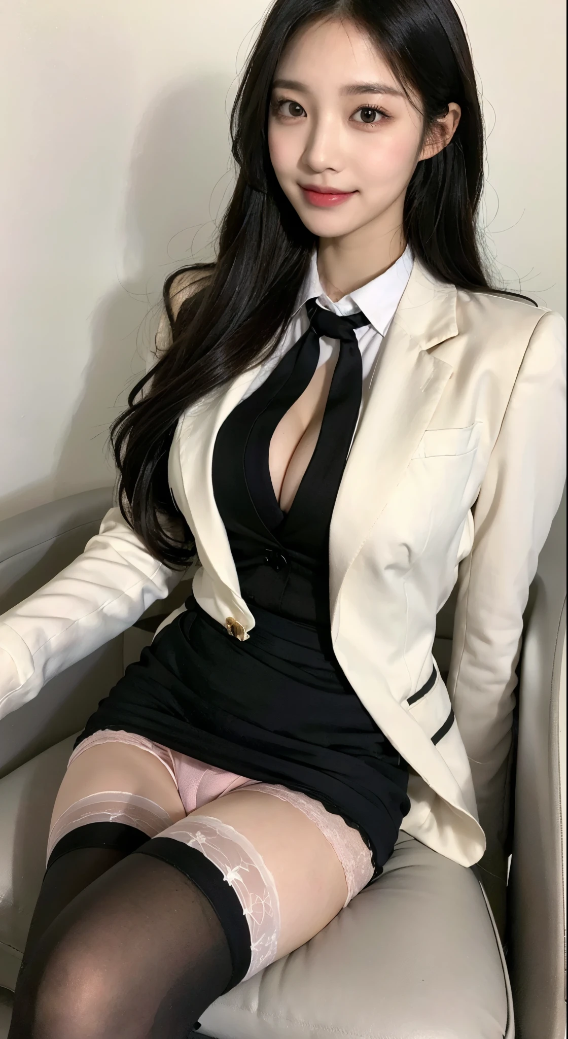 (1 Korean star with royal sister style), ((Best quality, 8K, Masterpiece: 1.3)), focal point: 1.2, Perfect body proportions: 1.4,   Highly detailed face and skin texture, Detailed eyes, Double eyelid, Small Bust, ((detailed white Tight shirt)), exposed cleavage, ((detailed mini short skirt)), ((detailed Black Pantyhose)), (No Panties), Interior Scene, ver light hair , super fine hand, fine finger ging, ((detailed pantyhose)), opened shirt show , naked, ((naked)), detailed , , punk girl, transparent, smiling , Long legs, detailed legs, fine legs, fair white skin、shiny white skin、bright silver long hair、light white long hair、、Beautiful eyes with random colors、Very thin lipeautiful eyes finely detailed、elongated eyes、pale pink blush、long eyelash、Beautiful double eyelids、eyeshadows、neckless、耳Nipple Ring、Beautiful eyes with random colors、very thin lips, finely detail、elongated eyes、pale pink blush、long eyeslashes、Smilling, Beautiful double eyelid、Lighting that emphasizes beautiful skin、Lustrous skin 2, ((Layered long hair)) , (detailed breasts ), Highly detailed face and skin texture, Detailed eyes, Double eyelid,（raytraced）,Watery eyes, highly detailed face and skin textures, Fine eyes, Double eyelids, Whitens the skin, (long haired, Air bangs: 1.3), (Round face: 1.5), (Suit uniform: 1.4), (Slump in a chair: 1.6),(black lence stockings: 1.4),(film grain style:1.3)，a sense of atmosphere