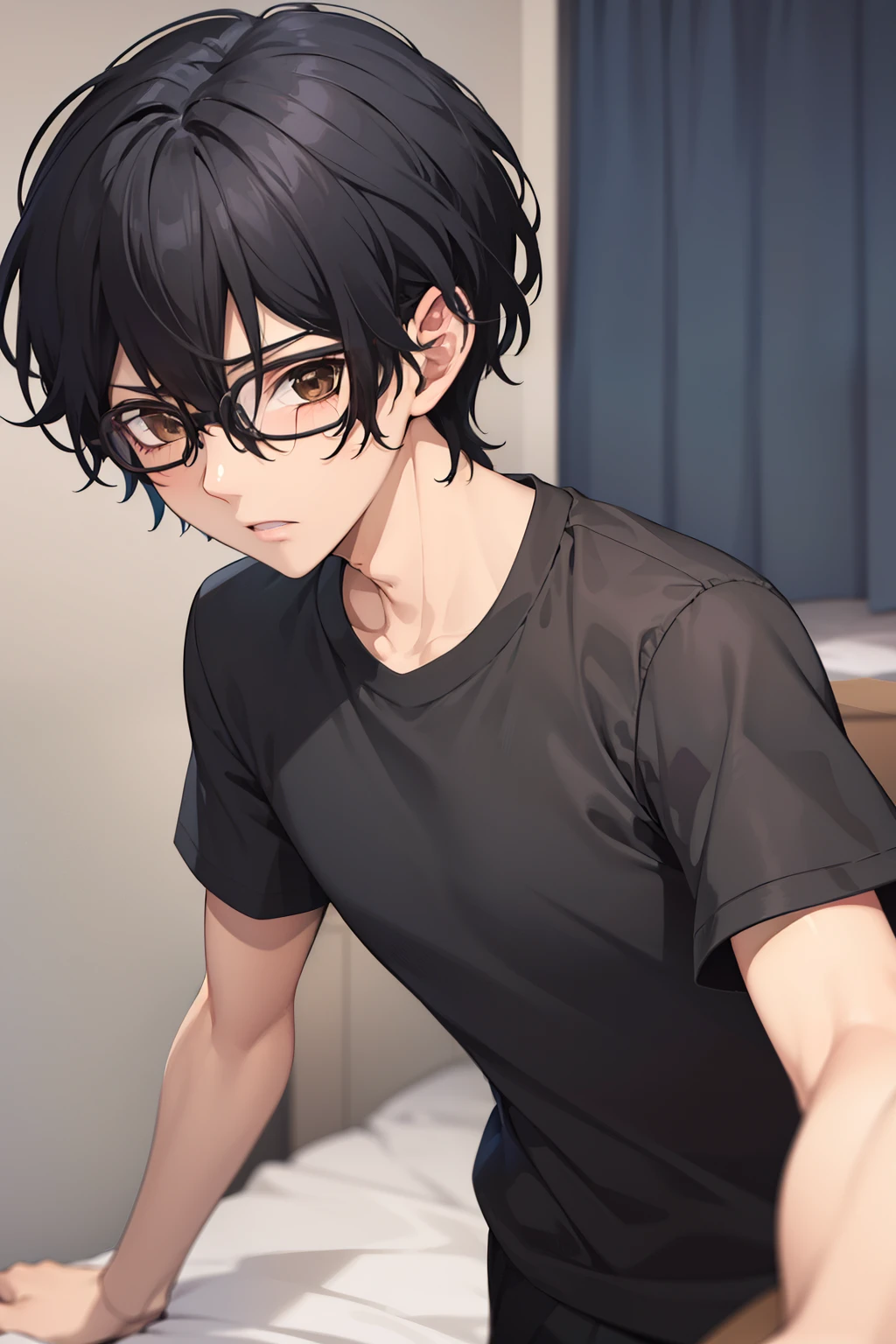 masterpiece, best quality, wallpaper, Holding the sniper,panic expression,Run,1boy, solo, depth of field, momo_sakaki, black hair, brown eyes, hair between eyes, black shirt, Short sleeves shirt,black shorts, glasses, 16k resolution