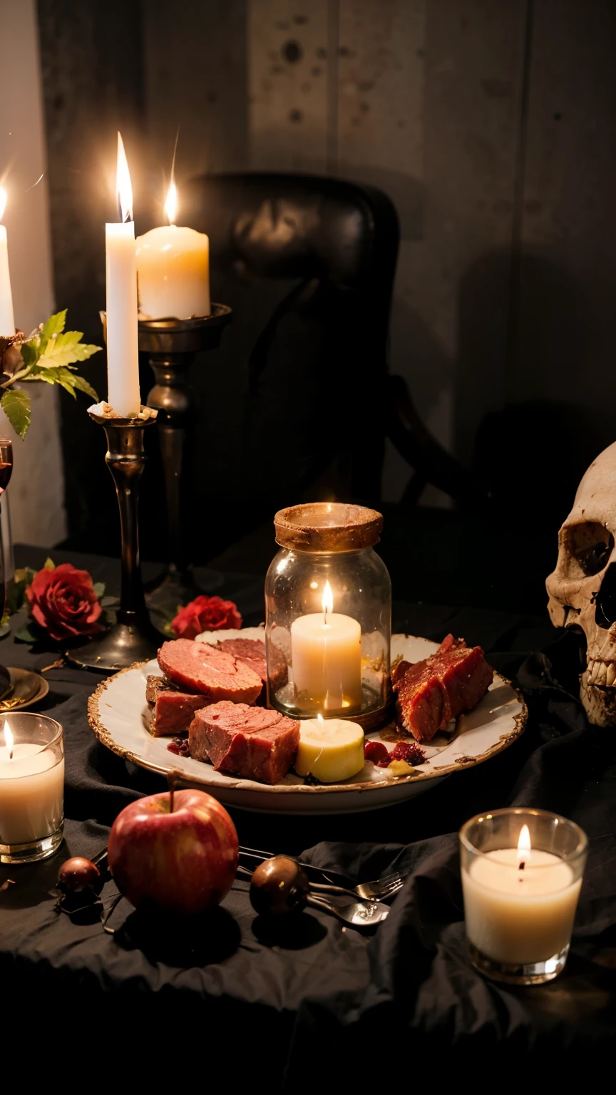An amateur cell phone photo of a Goetia Luciferiana altar, on a table with a black tablecloth. There are several candles lit in candlesticks, there are skulls, many candles forming a circle around them. There is a black mirror in the shape of a pyramid/triangle and some wine glasses, bottles of drinks, and also plates with fruit. An altar with various offerings. There are some dishes with raw meat. There are several red roses, red ribbons, hearts, red liquid and honey on top. Apples.