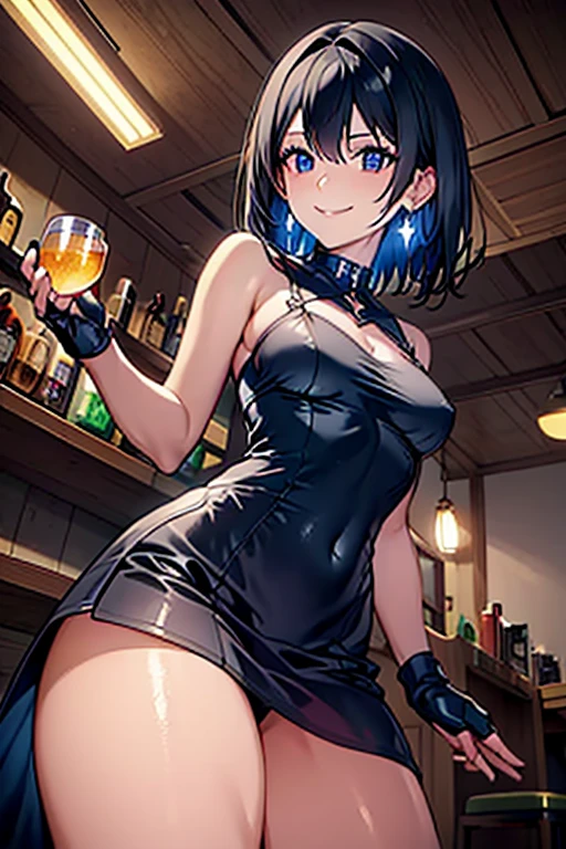 (dynamic angle:1.3, front view:1.1, breast focus:1.3, from below:1.2), (dynamic posing:1.5, sexy posing:1.2, leaning forward), (seductive smiling:1.3), beutiful woman, 1girl,fullbody, happy, (with sparkling eyes and a contagious smile:1.2), red face, closed mouth, beautiful detailed eyes, super detailed skin, backlighting, bare shoulders, black background, black dress, black gloves, black hair, breasts, dress, earrings, fingerless gloves, floating hair, floral print, flower, gloves, gold earrings, gold hairband, hair flower, hair ornament, hairband, holding, holding two-hands knife weapon, jewelry, small breasts:1.2, long hair, looking at viewer, off-shoulder dress, off shoulder,blue eyes, short hair with long locks, sidelocks, solo, spikes, thighs, two-sided dress, two-sided fabric, weapon, fighting stance , face, close up, from above, highest quality, high resolution,Real World, Natural light,perfect Natural light,looking at viewer,The bar is beautiful, with colorful bottles of alcohol in the background and a soft glow from neon lights.