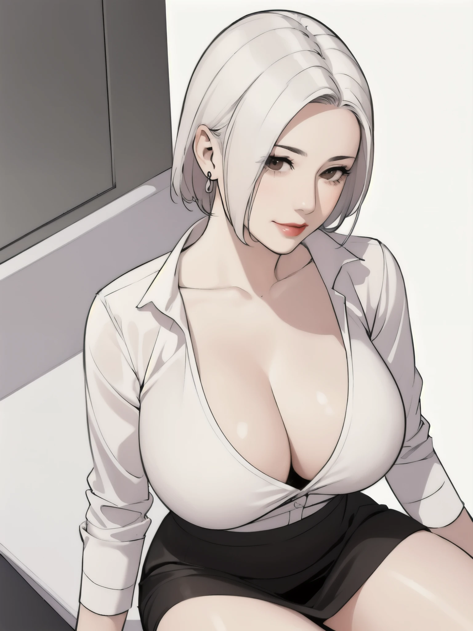 diona shin, sitting, portrait, red lips, nsfw, portrait, (masterpiece, best quality), solo, looking at viewer, fw.dona.shin, mature female, sexy, hot, white hair, diona shin, white background, white hair, milf, milf face, tease, detail face , large breast, portrait, cowboy shot, square lips, short hair, very short hair, white hair, earrings , smirk, chubby , milf, milf face, sexy, mini skirt, sitting, tub shirt, cleavage, half body