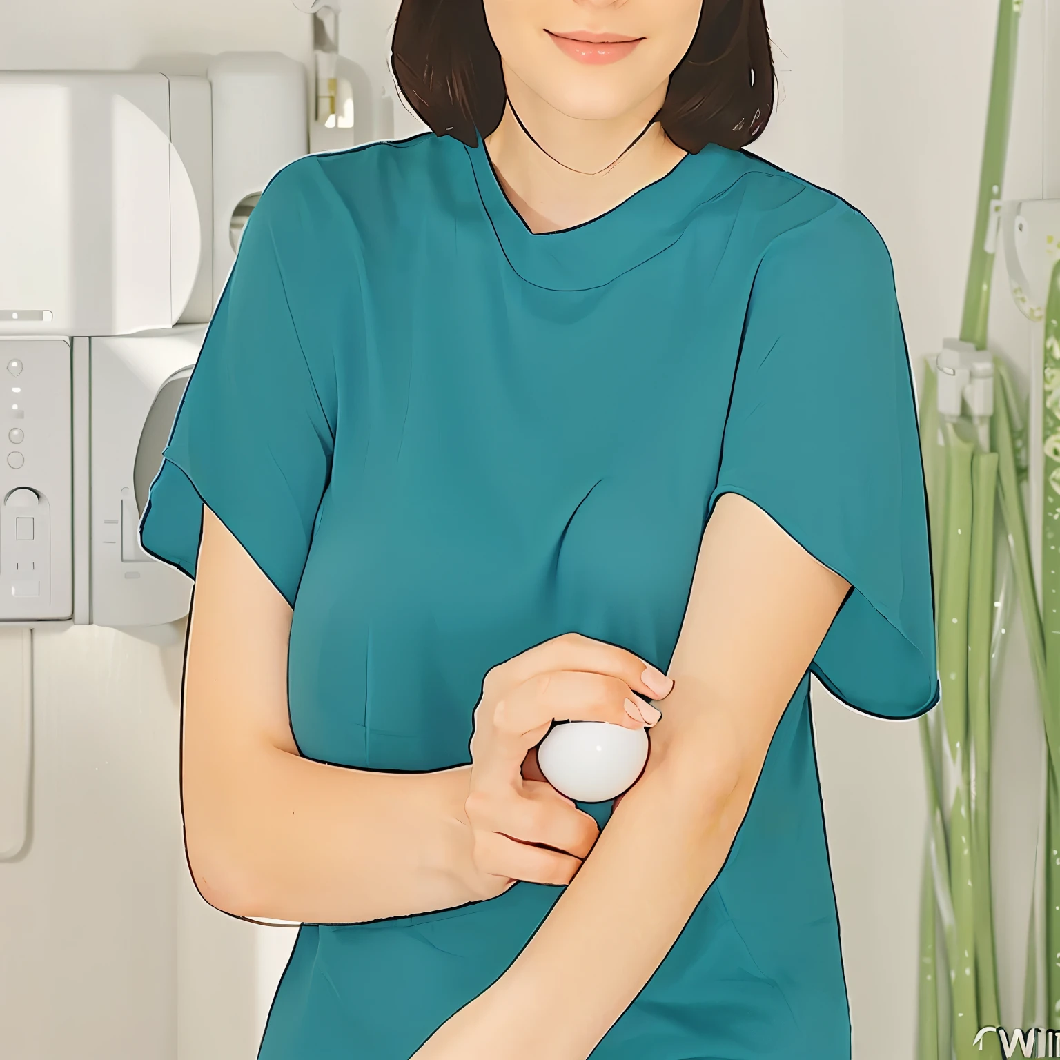 there is a woman holding a wii egg hand