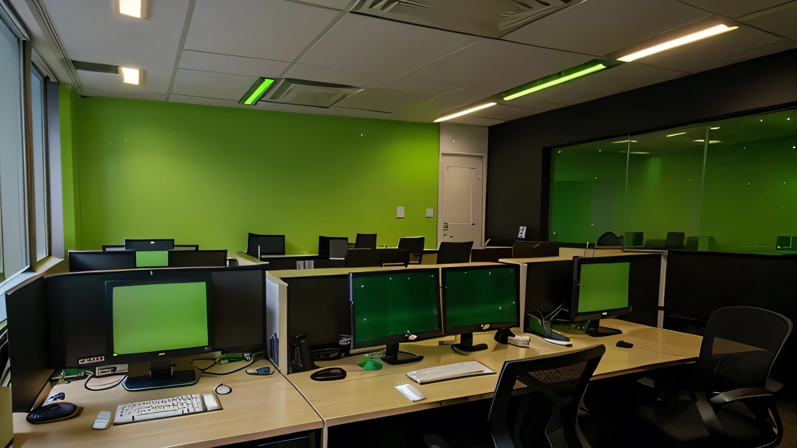 An office with green lights, profissional, elegante, varios computadores
