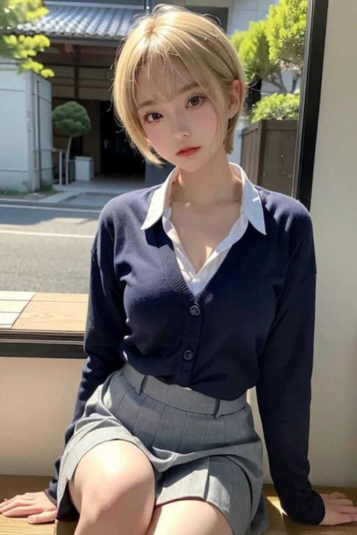 masterpiece,highest quality,High resolution,Very detailed, ((Browsing Caution))、(((Open the front of the shirt wide)))、Showing cleavage、Small breasts、((Small breasts))、I can see your thighs、Short skirt、(A cute 15 year old girl wearing a uniform sitting at a desk、Japanese、Japanese、Japanese girls uniform、Surreal、(8 Blonde pixie short hair))、Beautiful anime school girl、Cute school girl、学校のをwear、リアルなYoung Gravure Idol、wear、Young and beautiful gravure idol、Surreal 、Young Gravure Idol