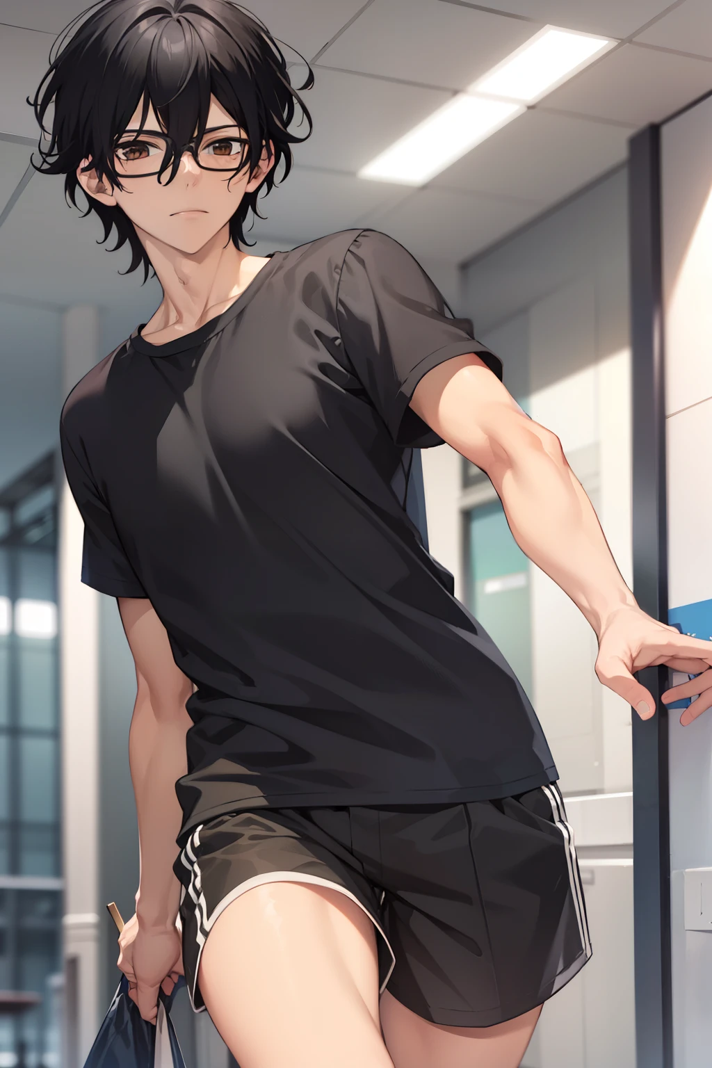 masterpiece, best quality, wallpaper,Running,1boy, solo, depth of field, momo_sakaki, black hair, brown eyes, hair between eyes, black shirt, Short sleeves shirt,black shorts, glasses, 16k resolution