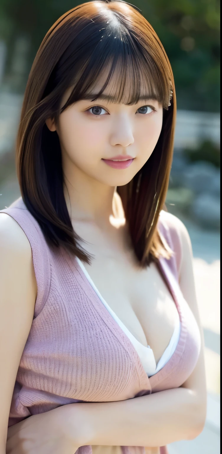 (8k), (highest quality: 1.2), (Realistic), (Realistic: 1.37), Ultra-high resolution, 1 girl, Head to knee photo、cute, smile, Mouth closed, Beautiful details, Beautiful Nose, whole body, Wet Hair, Giant Dulcefo, pork, , (Large Breasts)、Saggy breasts、Soft Breasts、Overflowing breasts、Grayish color knit cardigan、隠しきれないLarge Breasts、Voluptuous thighs、Odd Eye、Heterochromia iridis