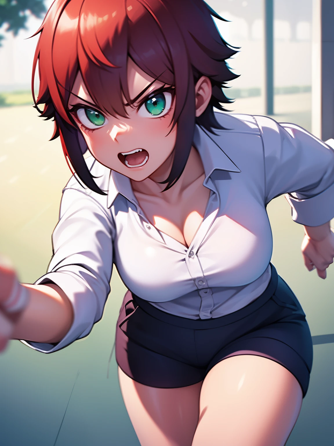 8k, best quality, masterpiece, ultra-detailed,1girl,solo, Run,Angry expression,green eyes, throwing stones,short hair, eyes,red hair,white shirt,white shirt,Long-sleeved shirt,black trousers,ultra detail, ultra HD