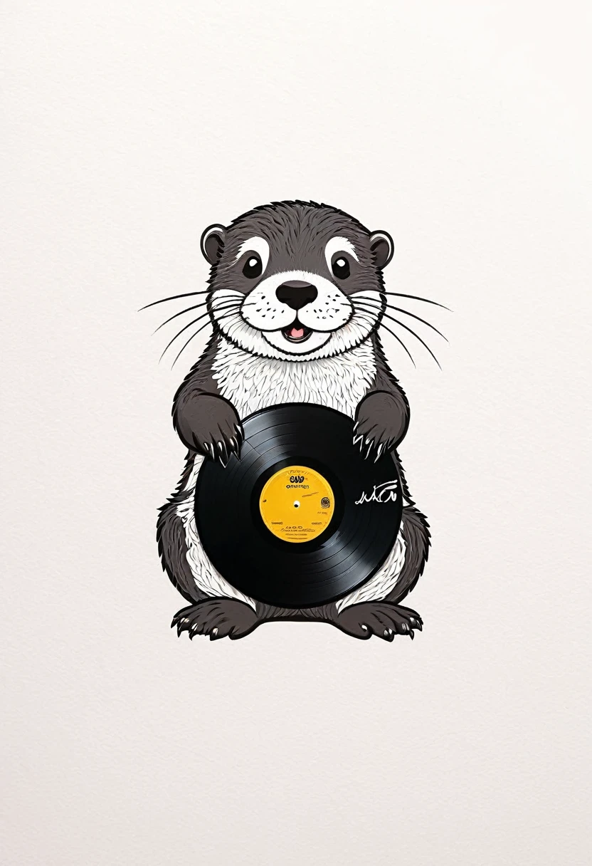 a cute Otter, (Black vinyl record), minimalism art, (masterpiece, best quality, Professional, perfect composition, very aesthetic, absurdres, ultra-detailed, intricate details:1.3)