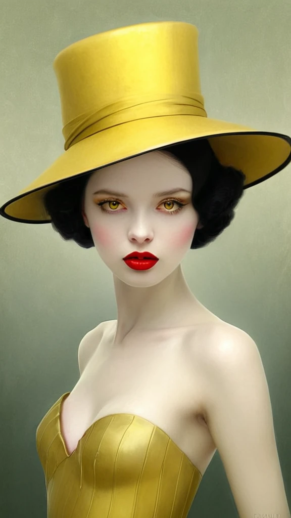 picture of a woman in a hat and red lipstick, inspired Ray Caesar, digital art of elegance, Ray Caesar, surreal black and yellow, smooth yellow eyes, glossy digital painting, stunning digital illustration, Natalie Shaw, exquisite digital illustration, elegant digital painting, Natalie Shaw tom bagshaw, Beautiful yellow woman, wide golden eyes and red lips