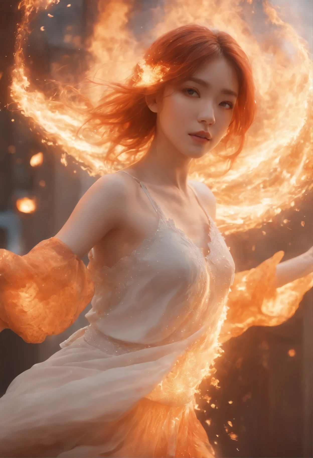 Enter a captivating scene,An anime girl sitting on a floating platform, How energetic fire particles ignite the air around you, Creates a stunningly dynamic atmosphere. Creative lighting styles bathed in brilliant light, Burning light, Harmonizes with rotating fire particles. Crafted with meticulous precision,Render in stunning 10k high resolution, This masterpiece incorporates the artistic medium of digital illustration, The impact of fire, particle sim, and post-processing technology. Take inspiration from anime styles, Mystical realism, and contemporary surrealism, It captures the fiery, The ethereal beauty of anime girls in dancing flames, Fire particles enhance the sense of magic and wonder.