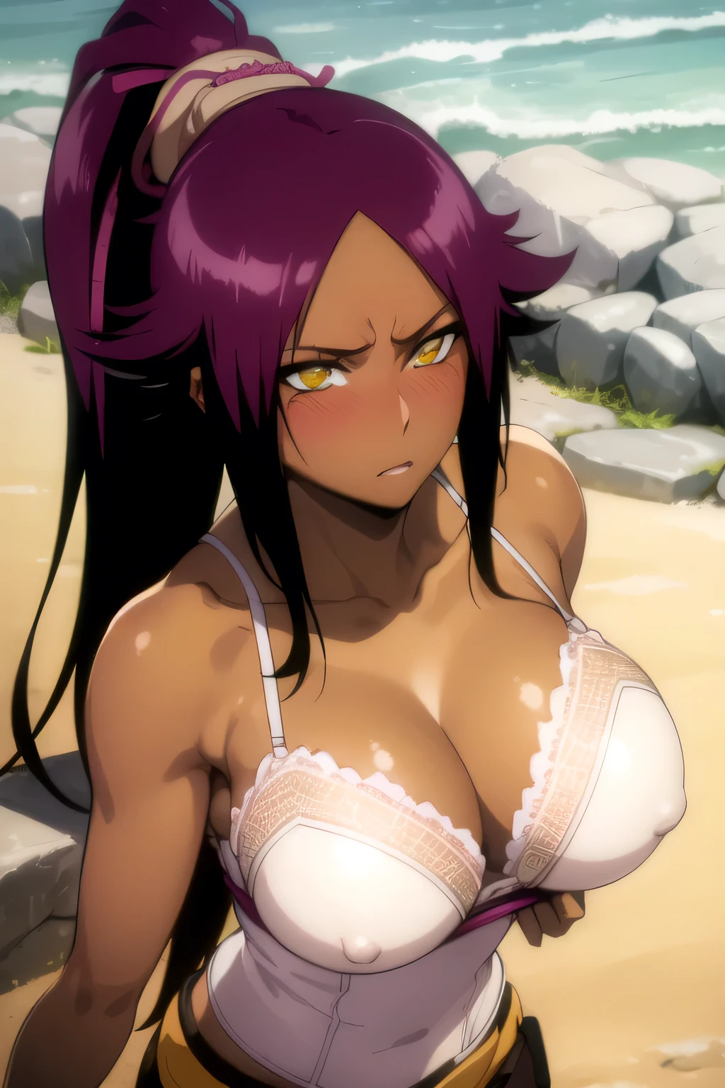 1girl, masterpiece, high quality, huge breast, bright breasts, looking into camera, safe, shining , blush face,  cleavage, standing, yoruichi, long hair, yoruichi shihouin, long hair, (yellow eyes:1.5), ponytail, purple hair, dark skin, dark-skinned female, wear white lace lingerie, white lace bra, white lace panties