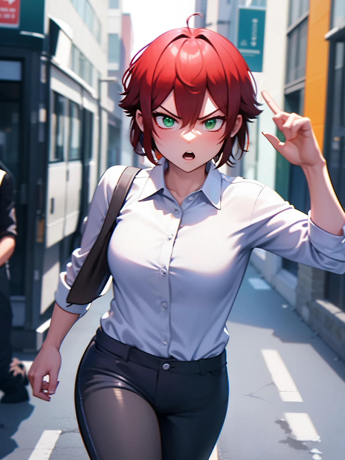 8k, best quality, masterpiece, ultra-detailed,1girl,solo, Run,Angry expression,green eyes, throwing stones,short hair, eyes,red hair,white shirt,white shirt,Long-sleeved shirt,black trousers,ultra detail, ultra HD