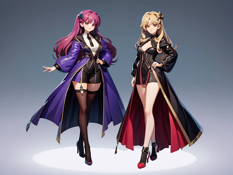 2 girls of the same appearance but opposite characters (heroine and anti-heroine) in super suits, full length, Full body including legs, natural pose