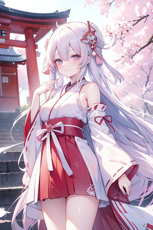 1 girl,change , Long white hair, Blue and pink eyes, Wearing a red Miko dress, A Japanese shrine, absurd res, A high resolution, Super sharp, Anime art wallpaper 4k, tmasterpiece, looking at viewert, smile