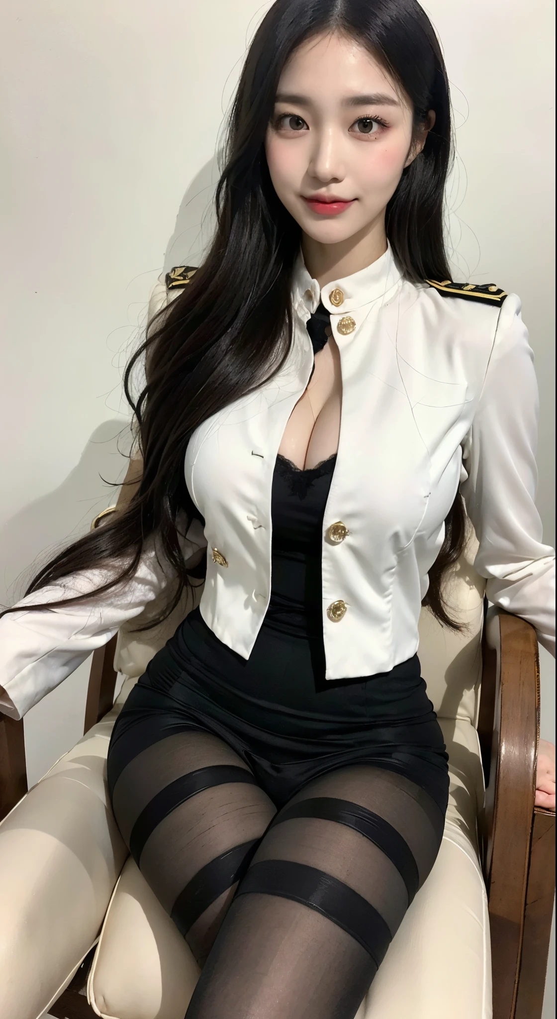 (1 Korean star with royal sister style), ((Best quality, 8K, Masterpiece: 1.3)), focal point: 1.2, Perfect body proportions: 1.4, Highly detailed face and skin texture, Detailed eyes, Double eyelid, ((detailed Bust)), ((detailed white Tight shirt)), exposed cleavage, ((detailed mini short skirt)), ((detailed Black Pantyhose)), (No Panties), Interior Scene, ver light hair , super fine hand, fine finger ging, ((detailed pantyhose)), opened shirt show , naked, ((naked)), detailed , punk girl, transparent, smiling , Long legs, detailed legs, fine legs, fair white skin、shiny white skin、bright silver long hair、light white long hair、、Beautiful eyes with random colors、Very thin lipeautiful eyes finely detailed、elongated eyes、pale pink blush、long eyelash、Beautiful double eyelids、eyeshadows、neckless、耳Nipple Ring、Beautiful eyes with random colors、very thin lips, finely detail、elongated eyes、pale pink blush、long eyeslashes, Beautiful double eyelid、Lighting that emphasizes beautiful skin、Lustrous skin 2, ((Layered long hair)) , (detailed breasts ), Highly detailed face and skin texture, Detailed eyes, Double eyelid,(raytraced),Watery eyes, highly detailed face and skin textures, Fine eyes, Double eyelids, Whitens the skin, (long haired, Air bangs: 1.3), (Round face: 1.5), (Suit uniform: 1.4), (Slump in a chair: 1.6),(black lence stockings: 1.4),(film grain style:1.3),a sense of atmosphere