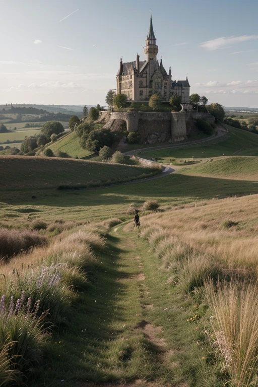 A castle with Grassland in background and a knight back