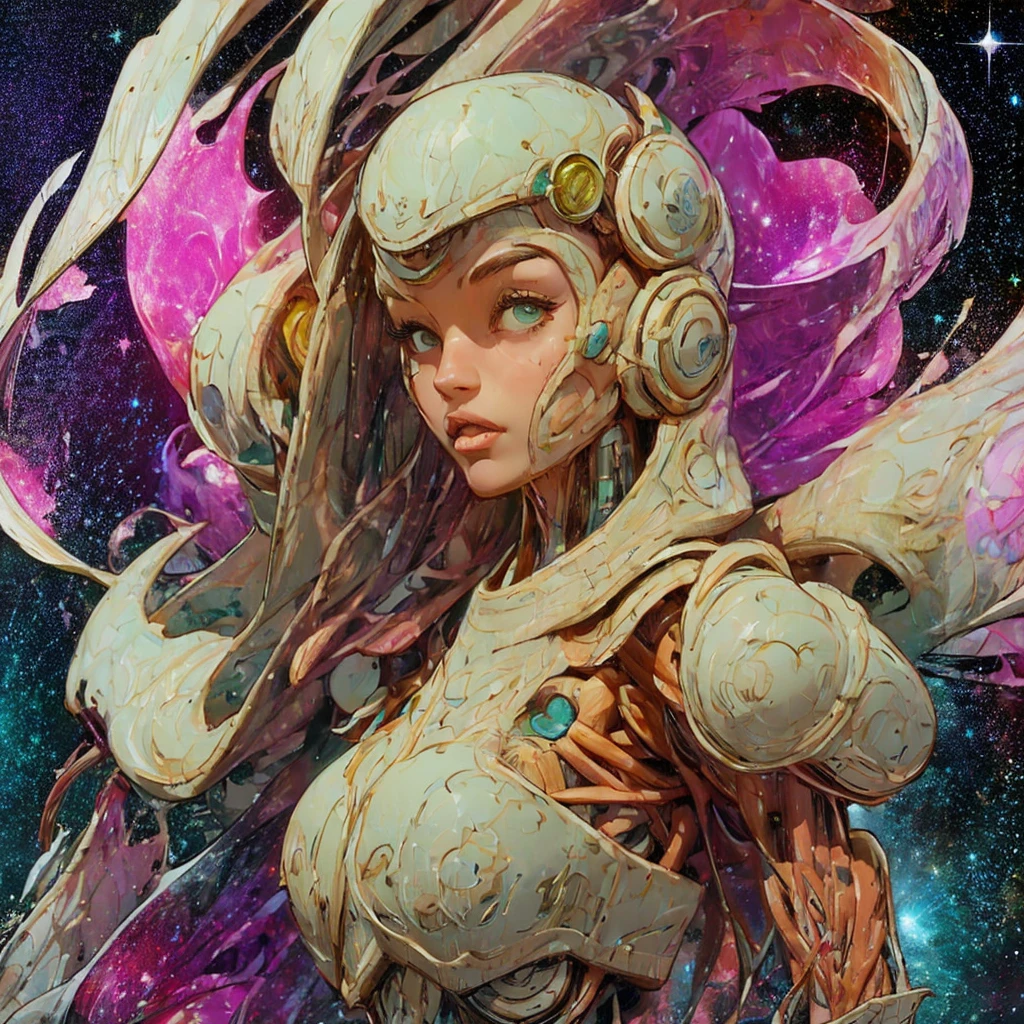 there is a screenshot of a woman in a space suit, cosmic girl, event, cosmic entity, incrinate content details, endless cosmos in the background, historical event, real event, astral background, cosmic background, cosmic goddess, cyborg goddess in cosmos, celestial cosmos, game interface, violet battlefield theme, cosmic style, hyperdetailed content, background details