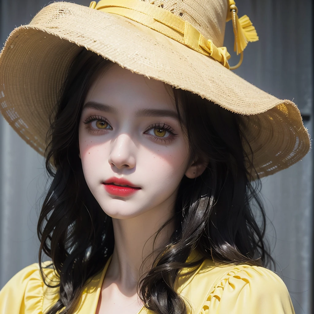 picture of a woman in a hat and red lipstick, digital art inspired by Ray Caesar, trends in cg society, digital art, digital art of an elegant, surreal black and yellow, smooth yellow eyes, glossy digital painting, stunning digital illustration, exquisite digital illustration, Natalie Shaw, elegant digital painting, Natalie Shaw tom bagshaw, Beautiful yellow woman
