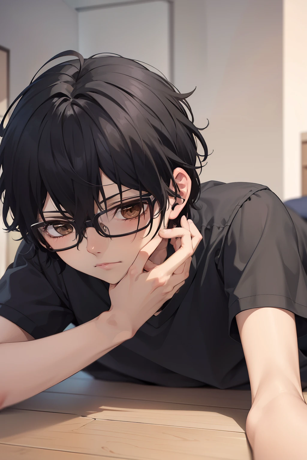 masterpiece, best quality, wallpaper, dinding Rolling around on the floor,1boy, solo, depth of field, momo_sakaki, black hair, brown eyes, hair between eyes, black shirt, Short sleeves shirt,black shorts, glasses, 16k resolution